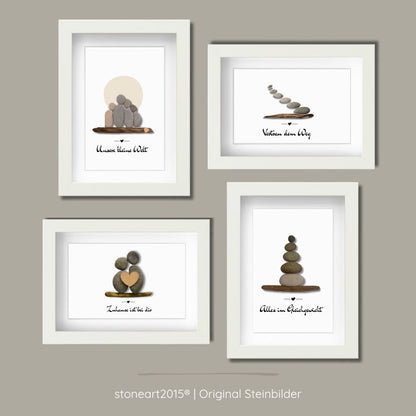 Handgemachte Steinbilder Set 13x18 cm – Familie, Liebe, Balance & Lebensweg aus echten Kieselsteinen