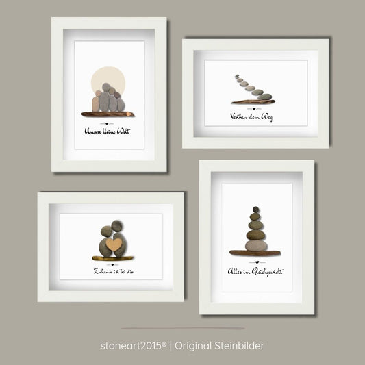 Handgemachte Steinbilder Set 13x18 cm – Familie, Liebe, Balance & Lebensweg aus echten Kieselsteinen