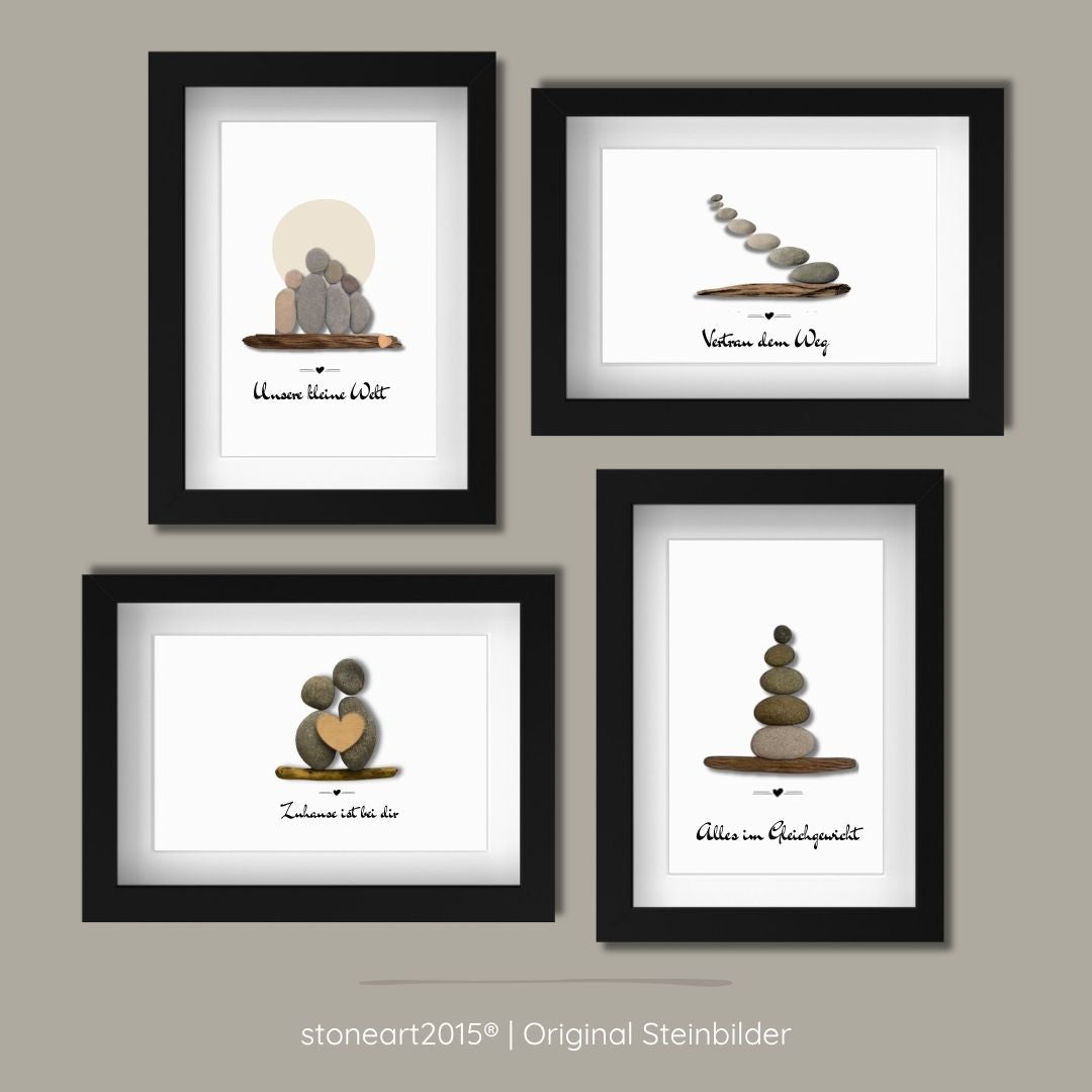 Handgemachte Steinbilder Set 13x18 cm – Familie, Liebe, Balance & Lebensweg aus echten Kieselsteinen