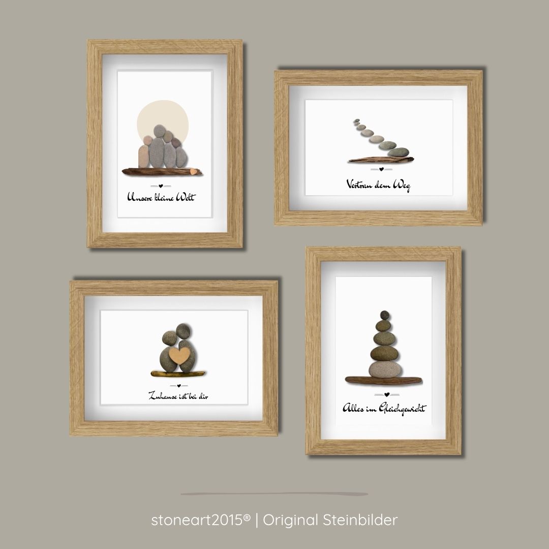 Handgemachte Steinbilder Set 13x18 cm – Familie, Liebe, Balance & Lebensweg aus echten Kieselsteinen