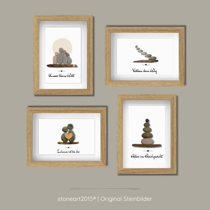 Handgemachte Steinbilder Set 13x18 cm – Familie, Liebe, Balance & Lebensweg aus echten Kieselsteinen