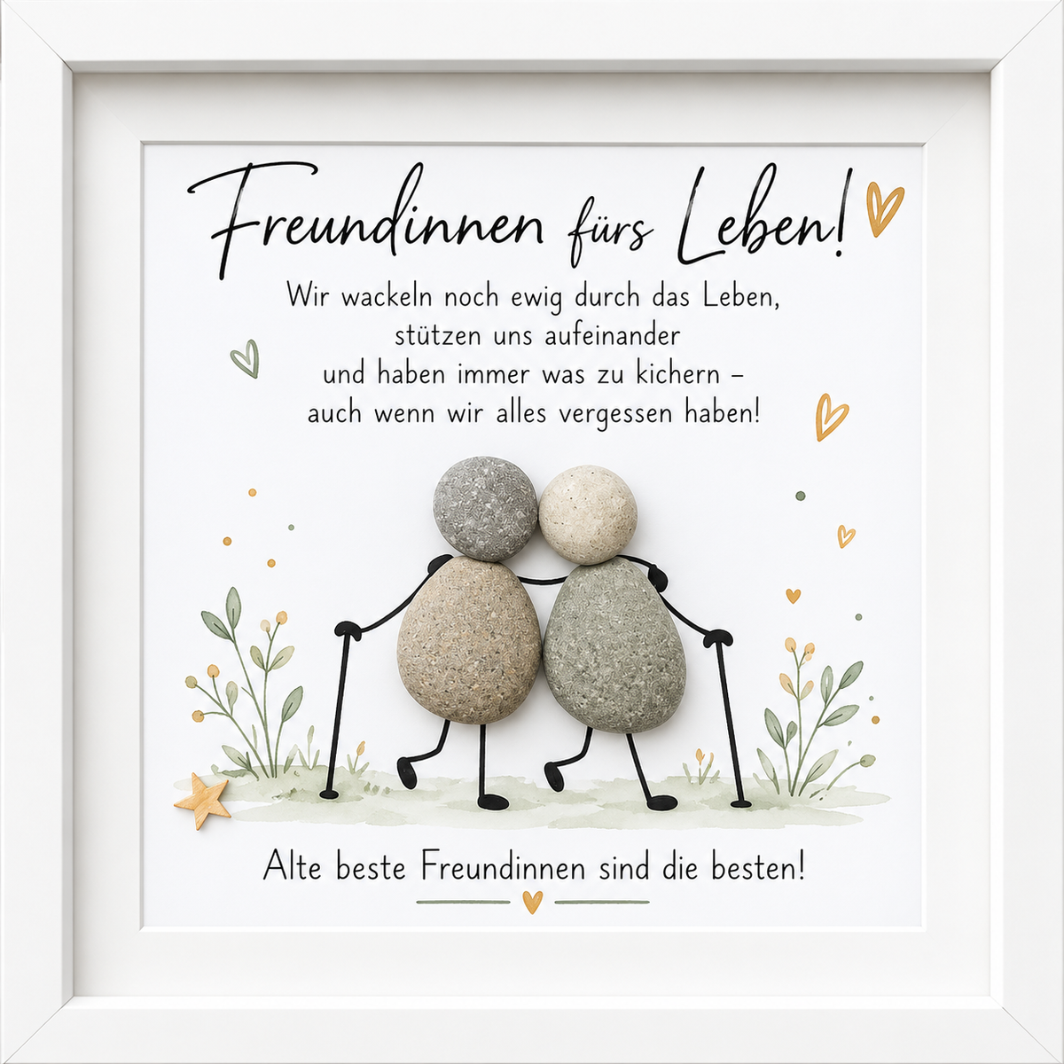 Kieselsteinbild zwei Freundinnen mit Gehstock „Freundinnen fürs Leben! Alte beste Freundinnen sind die besten“ – Geschenk für die beste Freundin, handgemachtes Steinbild