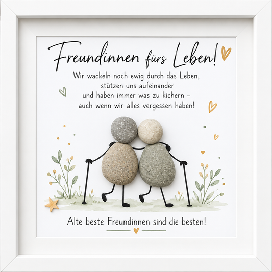 Kieselsteinbild zwei Freundinnen mit Gehstock „Freundinnen fürs Leben! Alte beste Freundinnen sind die besten“ – Geschenk für die beste Freundin, handgemachtes Steinbild