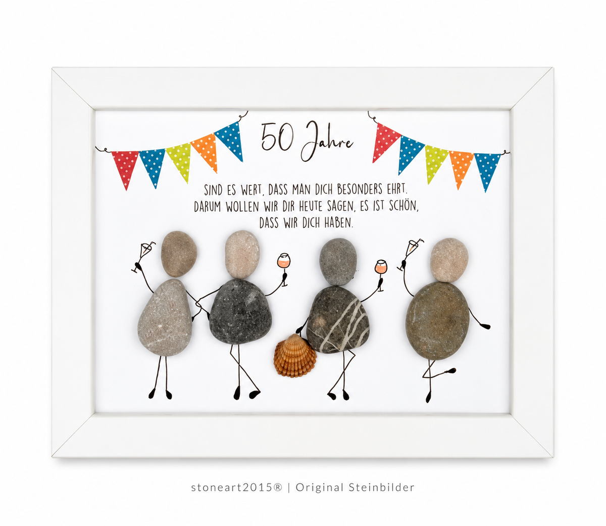 Kieselsteinbild 50 Jahre sind es wert – weiß 13x18cm ohne Scheibe, handgemachtes Steinbild