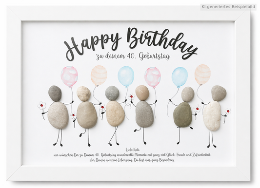 Kieselsteinbild Happy Birthday, Geburtstagsgeschenk mit Luftballons, handgemacht