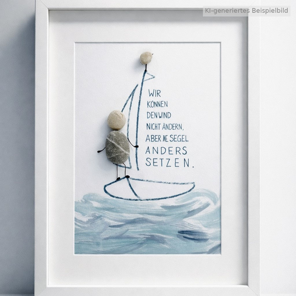 Kieselsteinbild Wir können den Wind nicht ändern, aber die Segel anders setzen – Segelboot-Motiv, handgemacht