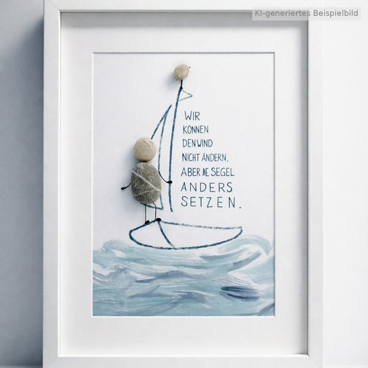 Kieselsteinbild Wir können den Wind nicht ändern, aber die Segel anders setzen – Segelboot-Motiv, handgemacht