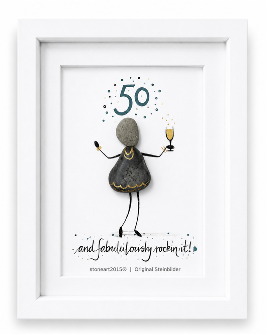 Kieselsteinbild 50 – and fabulously rockin' it, Geschenk zum 50. Geburtstag, handgemacht