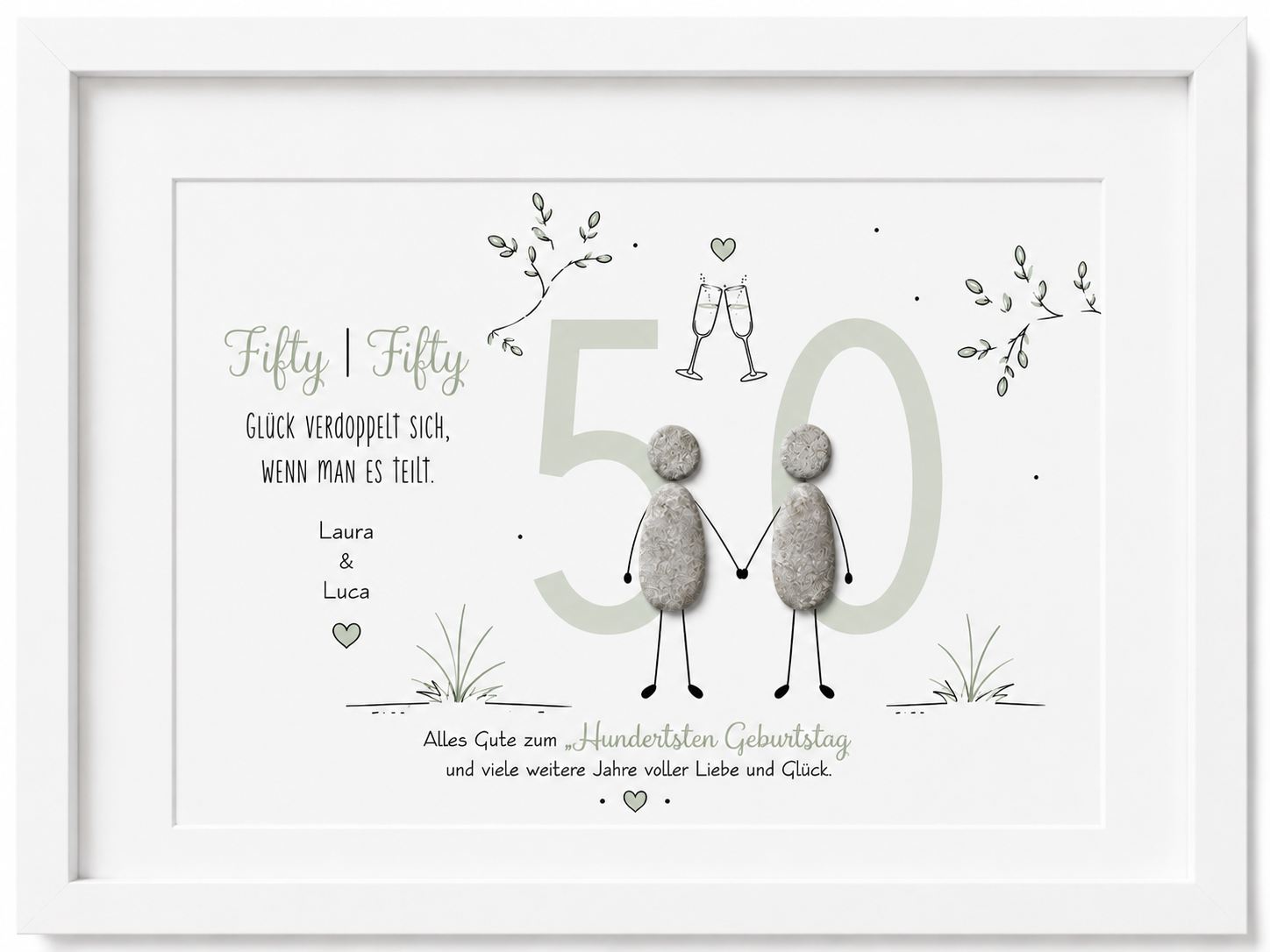 Kieselsteinbild Fifty Fifty, Glück verdoppelt sich wenn man es teilt – personalisierbares Geburtstagsgeschenk, handgemacht