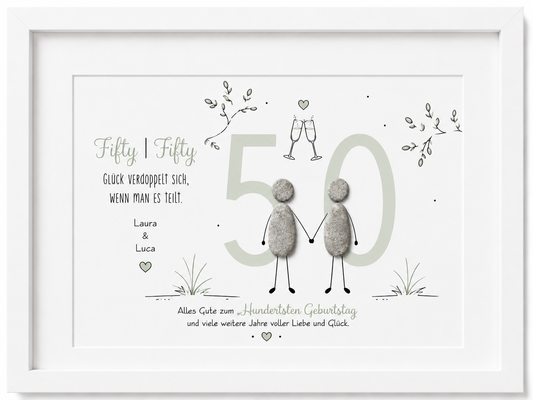 Kieselsteinbild Fifty Fifty, Glück verdoppelt sich wenn man es teilt – personalisierbares Geburtstagsgeschenk, handgemacht