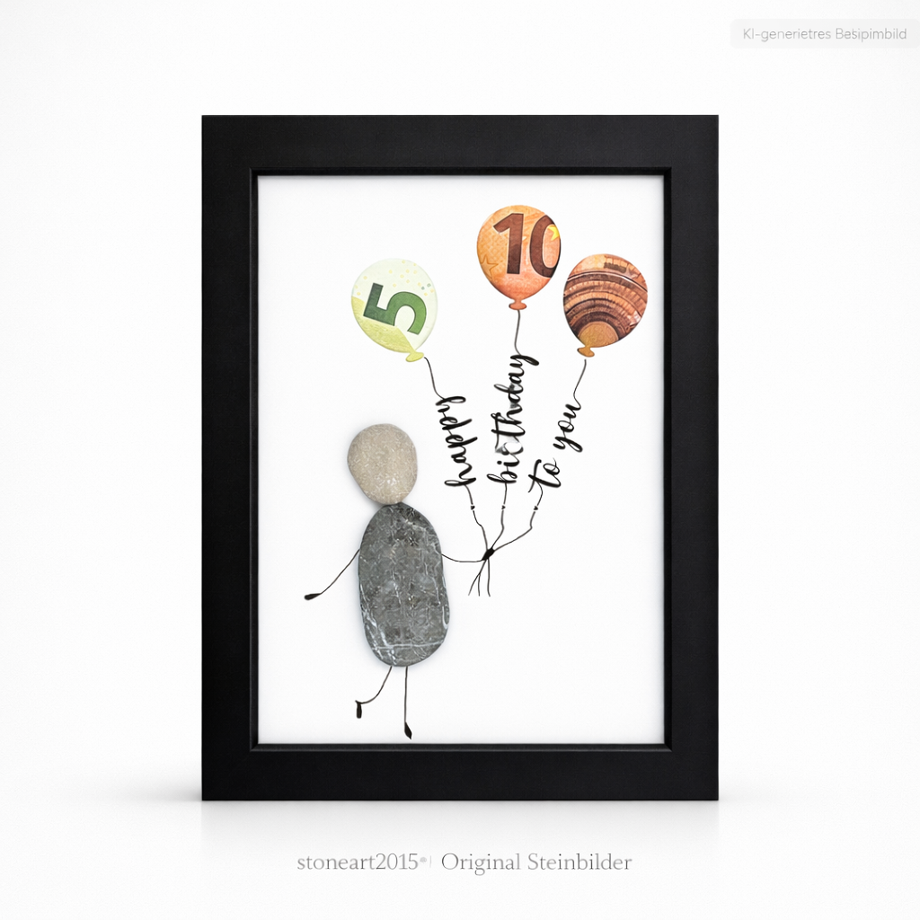 Kieselsteinbild Happy Birthday to You – Geldgeschenk zum Geburtstag, handgemachtes Steinbild