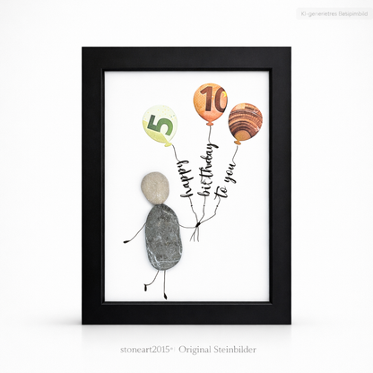 Kieselsteinbild Happy Birthday to You – Geldgeschenk zum Geburtstag, handgemachtes Steinbild