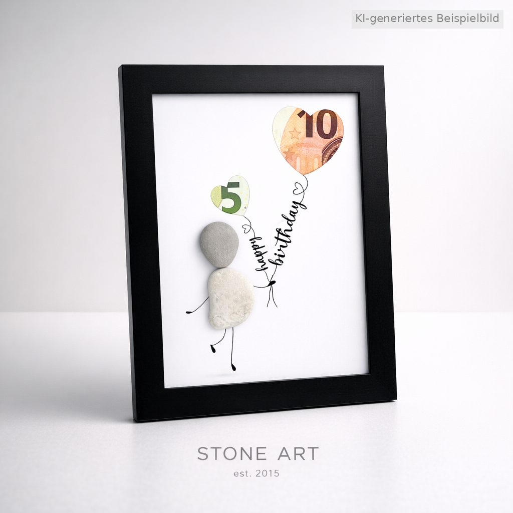 Kieselsteinbild Happy Birthday – Geldgeschenk zum Selbstbefüllen, handgemachtes Steinbild