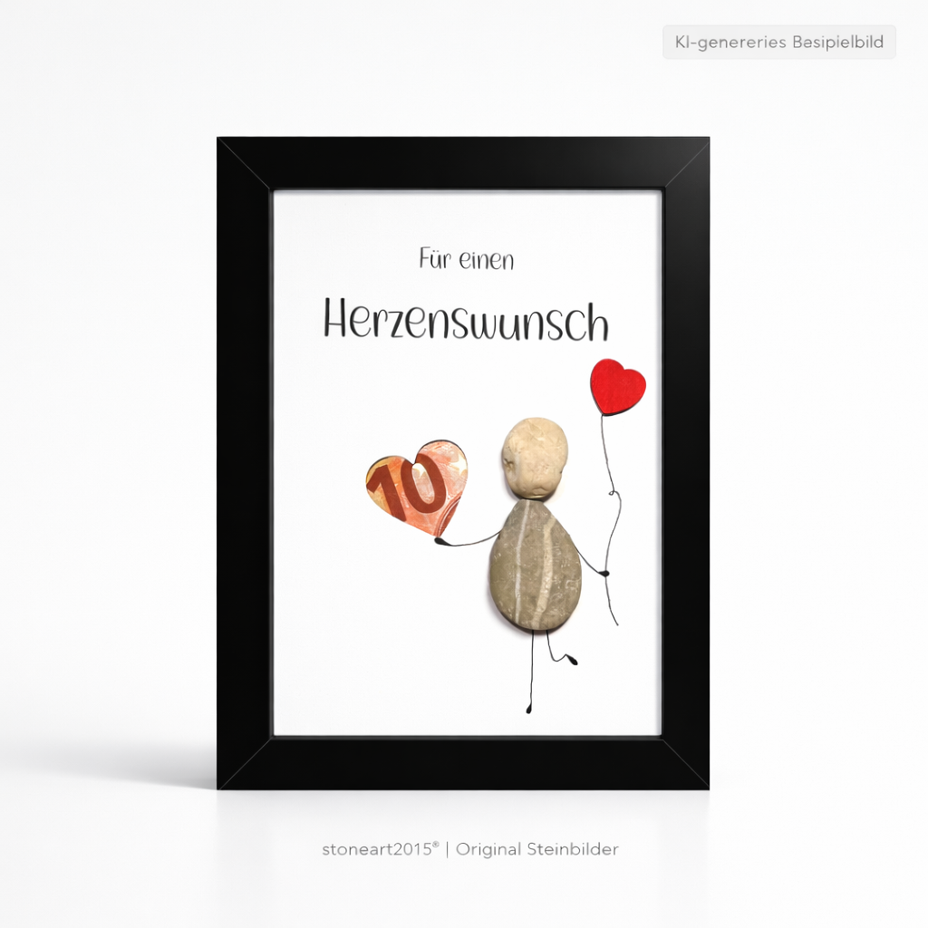 Kieselsteinbild Für einen Herzenswunsch – Geldgeschenk, handgemachtes Steinbild
