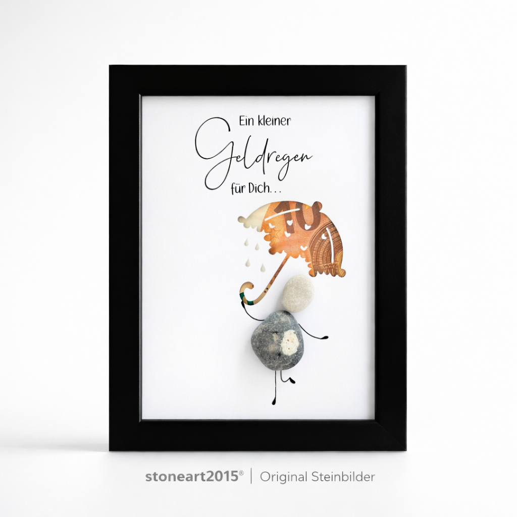 Kieselsteinbild Ein kleiner Geldregen für dich – Geldgeschenk, handgemachtes Steinbild