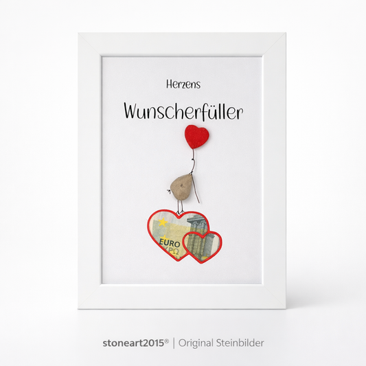 Kieselsteinbild Herzens-Wunscherfüller – Geldgeschenk, handgemachtes Steinbild
