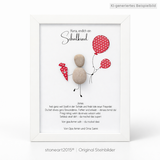 Kieselsteinbild Hurra, endlich Schulkind – Geldgeschenk zur Einschulung, handgemachtes Steinbild