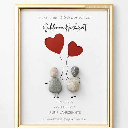 Kieselsteinbild Zur Goldenen Hochzeit – Geldgeschenk mit Herzen, handgemachtes Steinbild