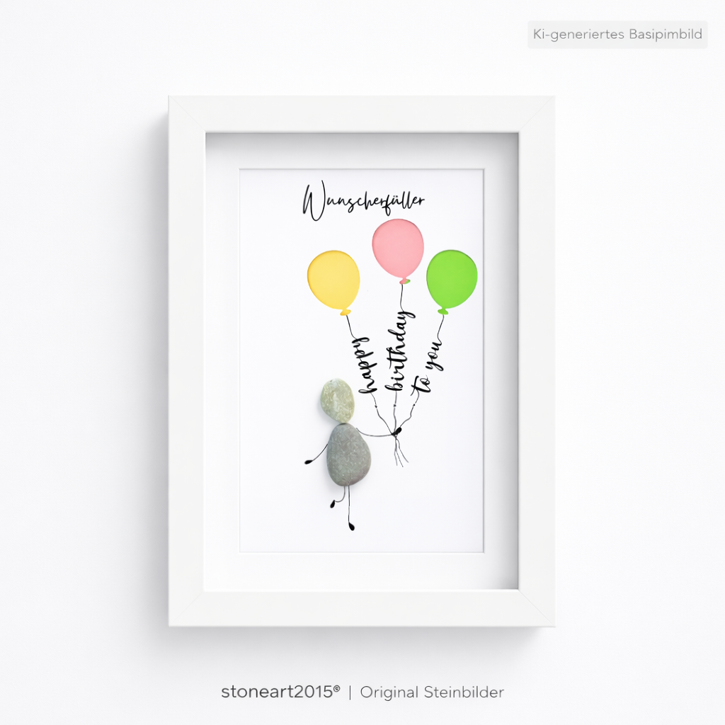 Kieselsteinbild Wunscherfüller mit bunten Luftballons, Happy Birthday to You – Geldgeschenk, handgemachtes Steinbild