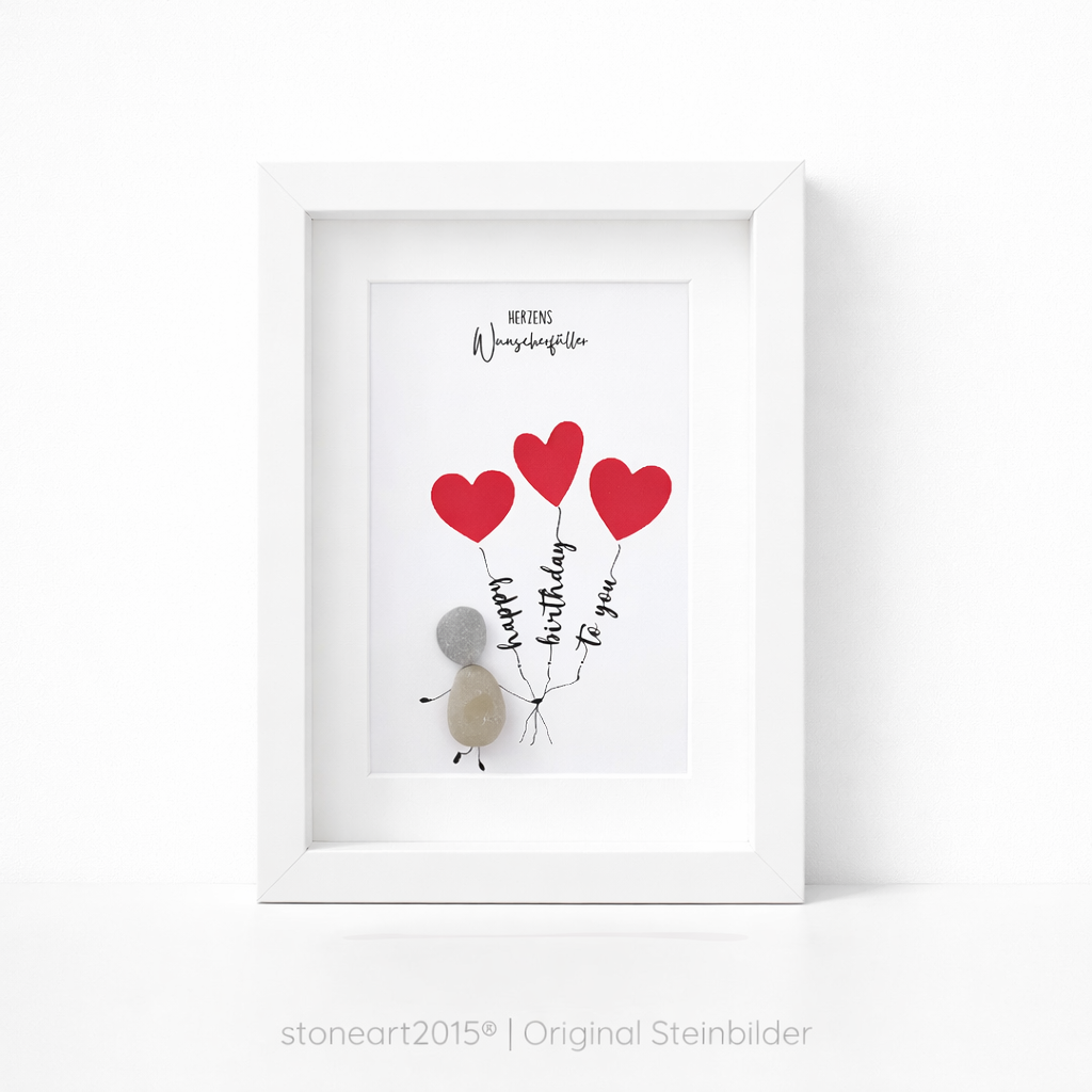 Kieselsteinbild Herzens-Wunscherfüller mit Geldschein-Herzballons, Happy Birthday to You – Geldgeschenk, handgemachtes Steinbild