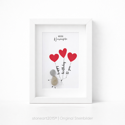 Kieselsteinbild Herzens-Wunscherfüller mit Geldschein-Herzballons, Happy Birthday to You – Geldgeschenk, handgemachtes Steinbild