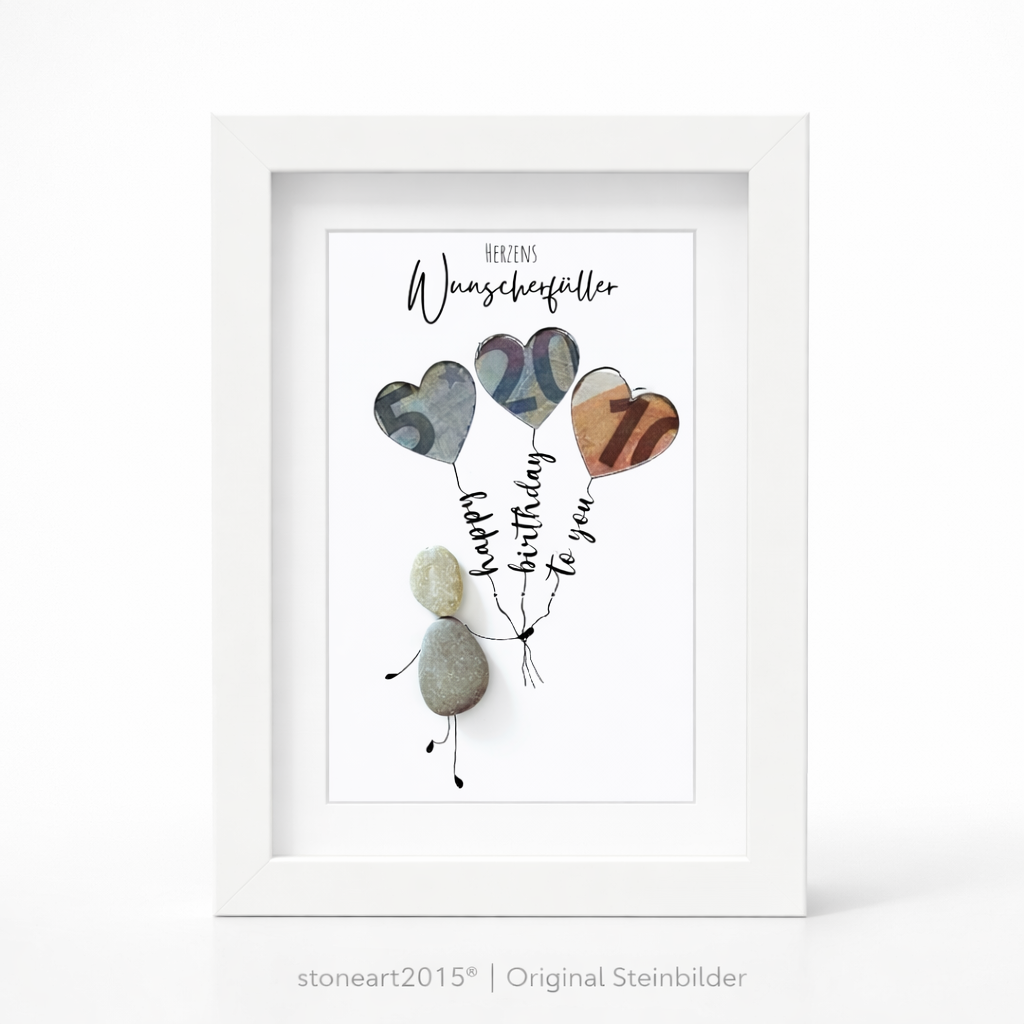Kieselsteinbild Herzens-Wunscherfüller mit Geldschein-Herzballons, Happy Birthday to You – Geldgeschenk, handgemachtes Steinbild