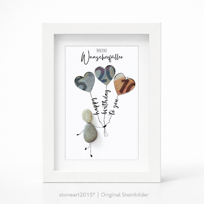 Kieselsteinbild Herzens-Wunscherfüller mit Geldschein-Herzballons, Happy Birthday to You – Geldgeschenk, handgemachtes Steinbild