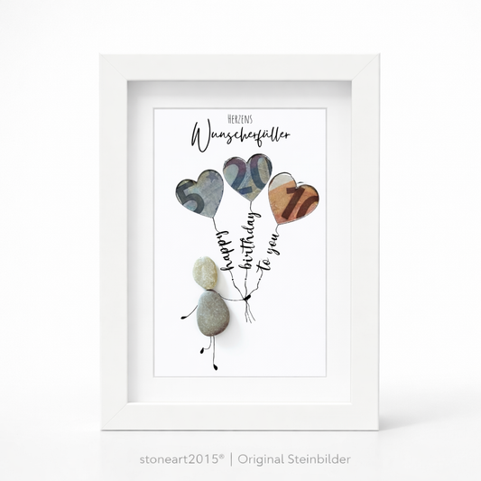 Kieselsteinbild Herzens-Wunscherfüller mit Geldschein-Herzballons, Happy Birthday to You – Geldgeschenk, handgemachtes Steinbild