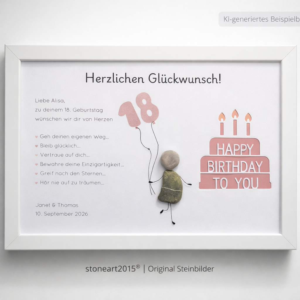 Kieselsteinbild 18. Geburtstag Mädchen – Geldgeschenk, personalisierbar, handgemachtes Steinbild