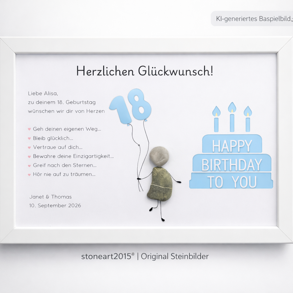 Kieselsteinbild Geldgeschenk Geburtstag Junge, Jahreszahl wählbar – personalisierbar, handgemachtes Steinbild