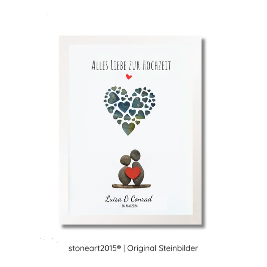 Kieselsteinbild Hochzeit – Geldgeschenk für das Brautpaar, personalisierbar, handgemachtes Steinbild