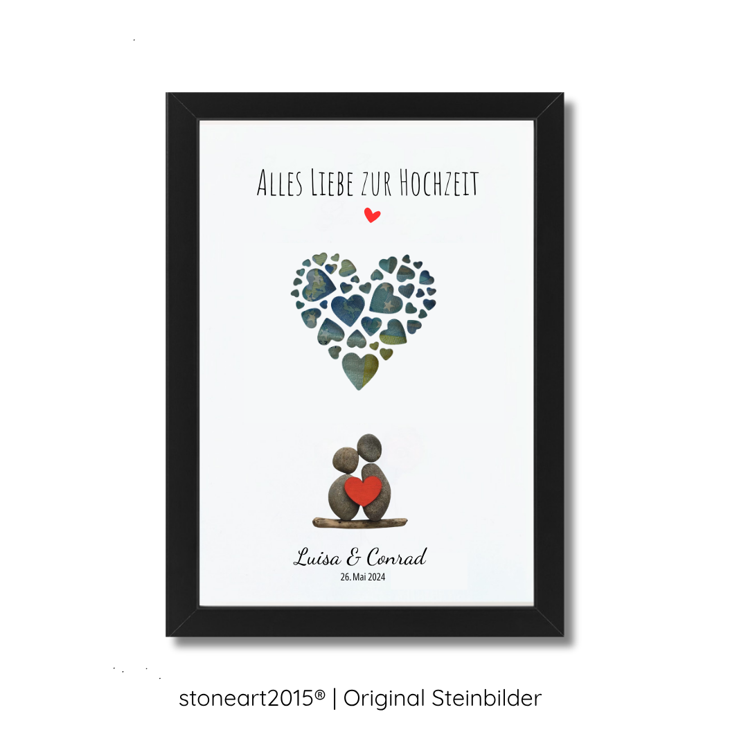 Kieselsteinbild Hochzeit – Geldgeschenk für das Brautpaar, personalisierbar, handgemachtes Steinbild