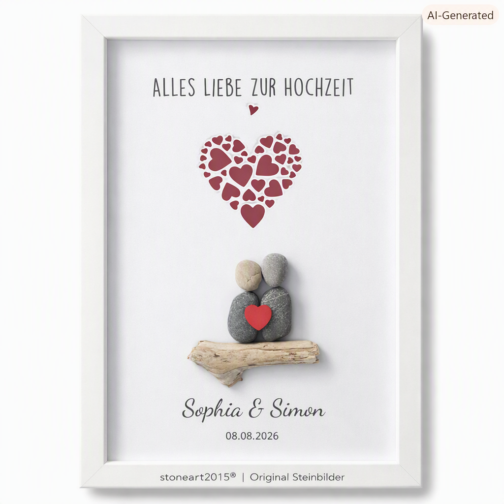 Kieselsteinbild Hochzeit – Geldgeschenk für das Brautpaar, personalisierbar, handgemachtes Steinbild