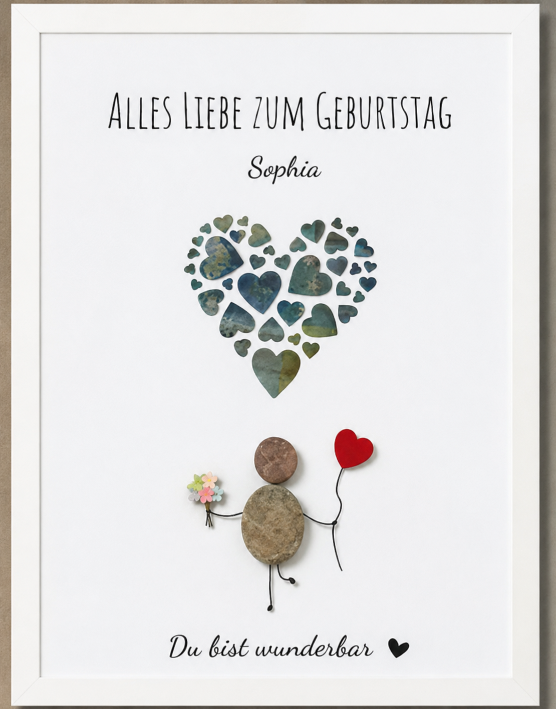 Kieselsteinbild Du bist wunderbar – Geldgeschenk zum Geburtstag, personalisierbar, handgemachtes Steinbild
