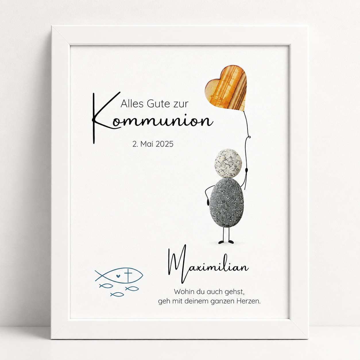 Kieselsteinbild Alles Gute zur Kommunion – Geldgeschenk, personalisierbar, handgemachtes Steinbild