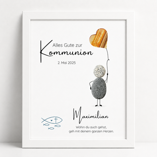 Kieselsteinbild Alles Gute zur Kommunion – Geldgeschenk, personalisierbar, handgemachtes Steinbild