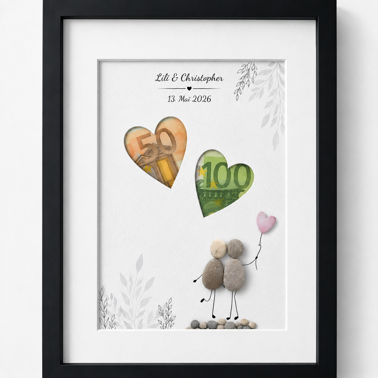 Kieselsteinbild Hochzeit mit herzförmigen Geldschein-Aussparungen – Geldgeschenk, personalisierbar, handgemachtes Steinbild