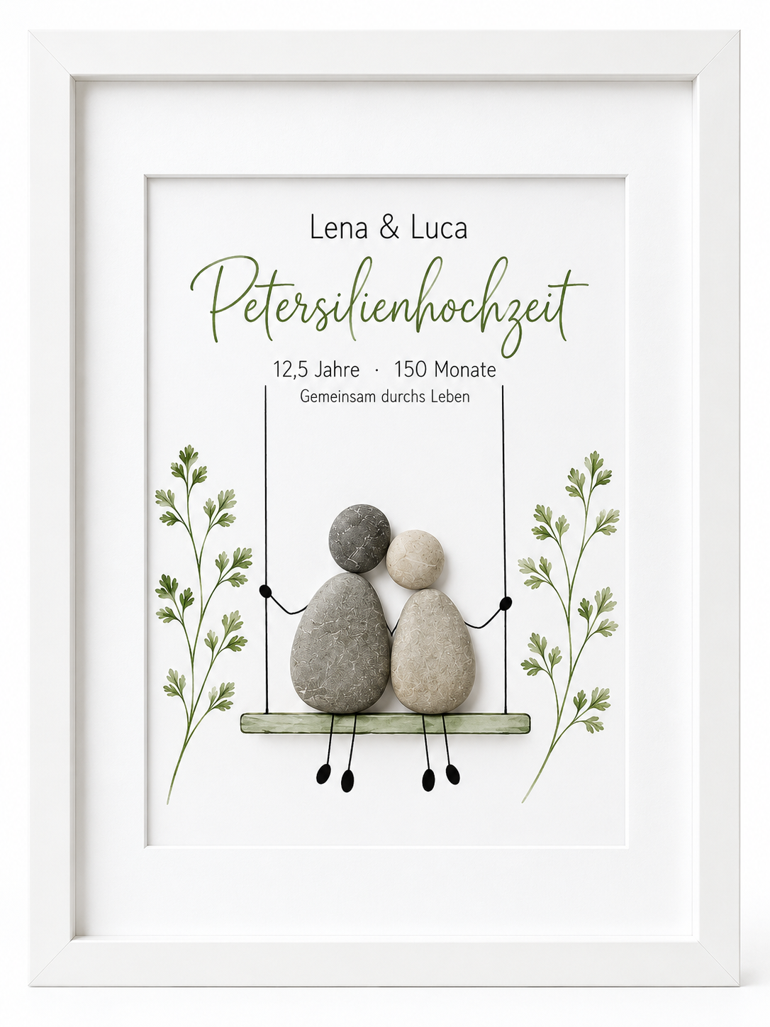 Kieselsteinbild Petersilienhochzeit Paar auf der Schaukel zwischen Petersilienzweigen „Petersilienhochzeit – 12,5 Jahre, 150 Monate“ – personalisierbares Geschenk zum 12,5. Hochzeitstag, handgemachtes Steinbild