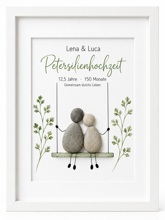 Kieselsteinbild Petersilienhochzeit Paar auf der Schaukel zwischen Petersilienzweigen „Petersilienhochzeit – 12,5 Jahre, 150 Monate“ – personalisierbares Geschenk zum 12,5. Hochzeitstag, handgemachtes Steinbild