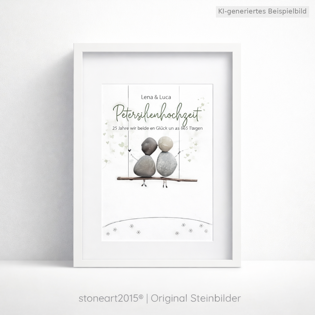 Kieselsteinbild Petersilienhochzeit Schaukel-Motiv – Geschenk zum 12,5. Hochzeitstag, handgemachtes Steinbild