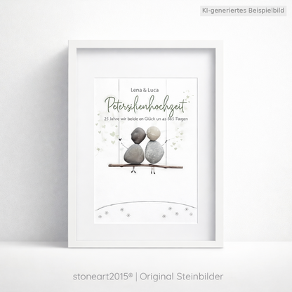 Kieselsteinbild Petersilienhochzeit Schaukel-Motiv – Geschenk zum 12,5. Hochzeitstag, handgemachtes Steinbild