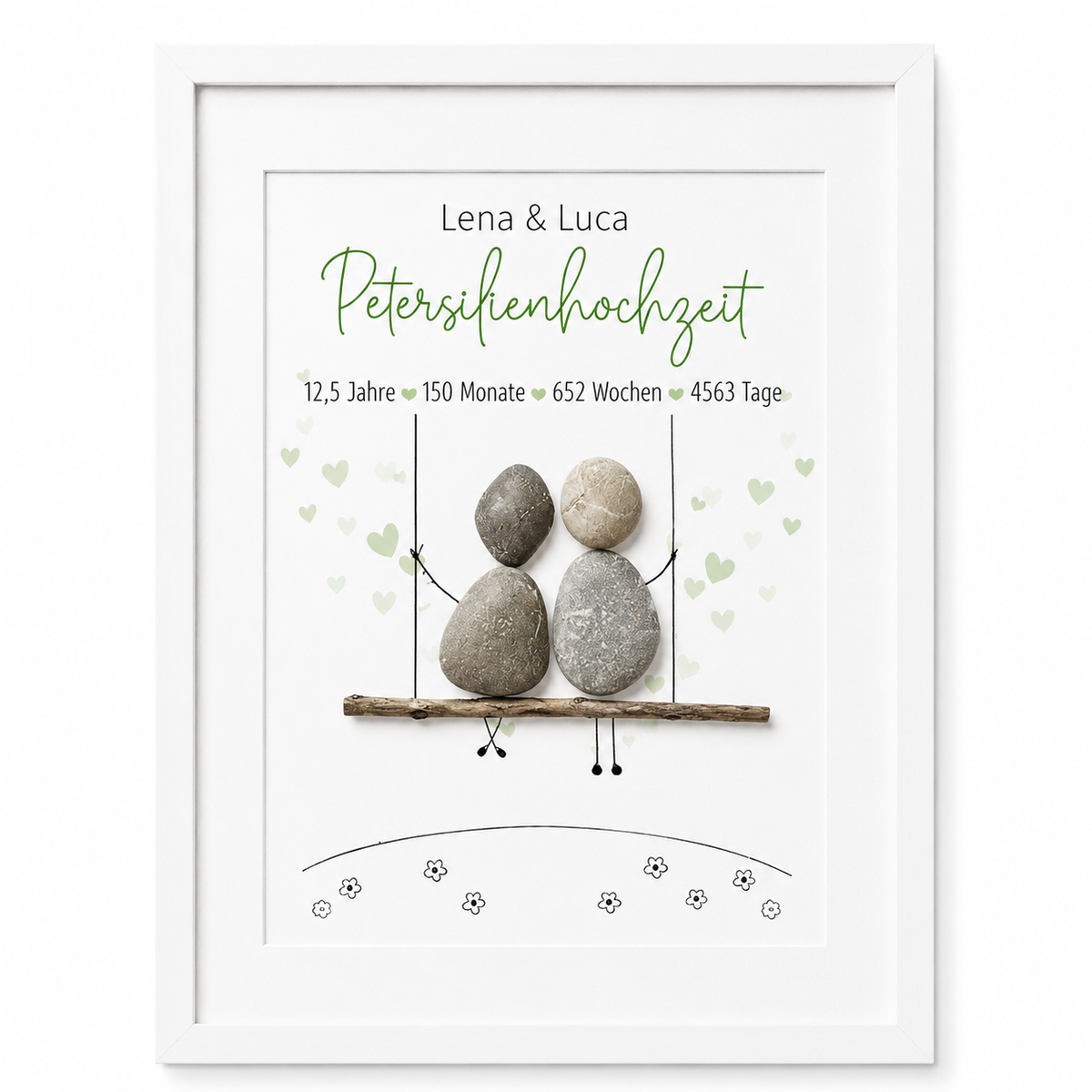 Kieselsteinbild Petersilienhochzeit Schaukel-Motiv – Geschenk zum 12,5. Hochzeitstag, handgemachtes Steinbild