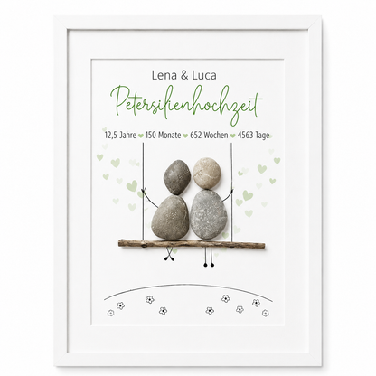 Kieselsteinbild Petersilienhochzeit Schaukel-Motiv – Geschenk zum 12,5. Hochzeitstag, handgemachtes Steinbild