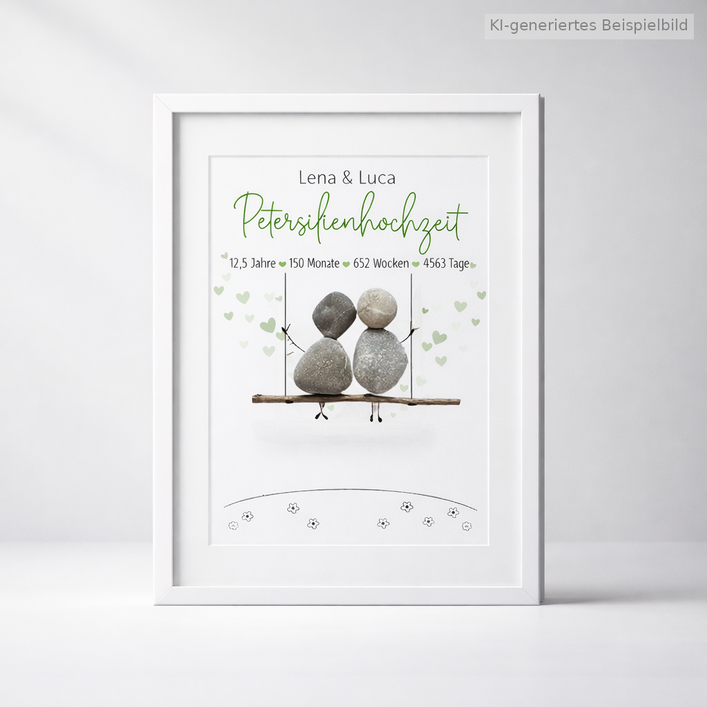 Kieselsteinbild Petersilienhochzeit Schaukel-Motiv – Geschenk zum 12,5. Hochzeitstag, handgemachtes Steinbild