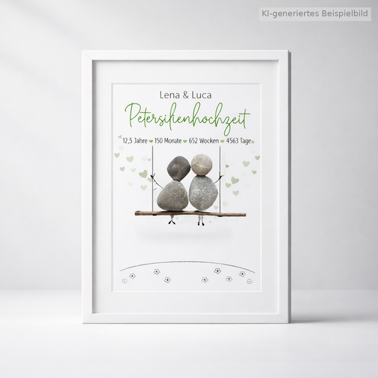 Kieselsteinbild Petersilienhochzeit Schaukel-Motiv – Geschenk zum 12,5. Hochzeitstag, handgemachtes Steinbild