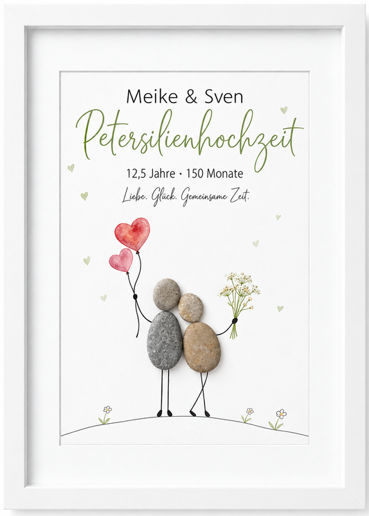 Kieselsteinbild Petersilienhochzeit Paar mit Herzluftballons und Blumenstrauß „Liebe. Glück. Gemeinsame Zeit.“ – personalisierbares Geschenk zum 12,5. Hochzeitstag, handgemachtes Steinbild