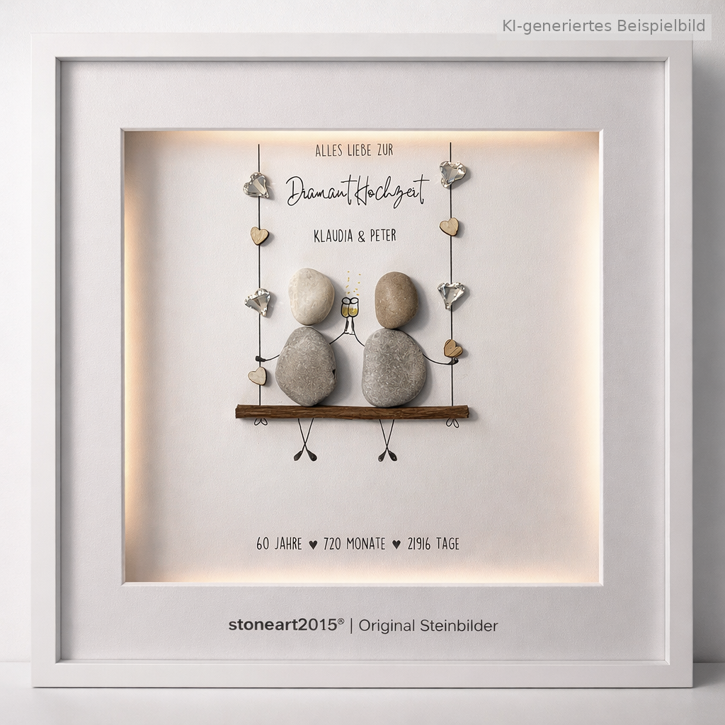 Kieselsteinbild Diamanthochzeit – Geschenk zum 60. Hochzeitstag, handgemachtes Steinbild