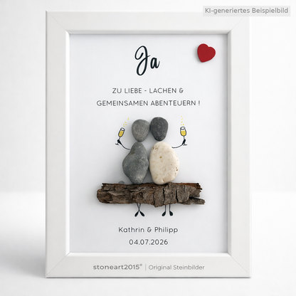 Kieselsteinbild Ja zu Liebe Lachen und gemeinsamen Abenteuern – Hochzeitsgeschenk, handgemachtes Steinbild