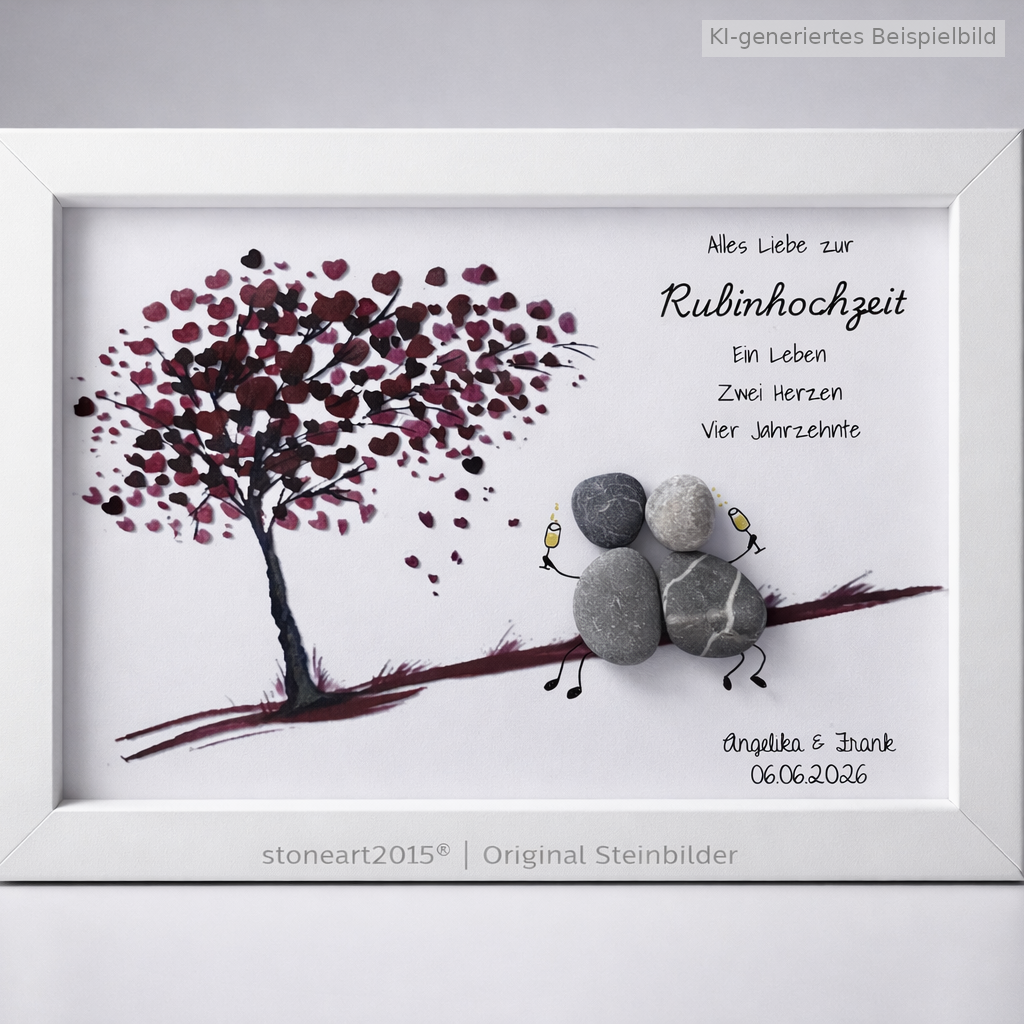 Kieselsteinbild Rubinhochzeit – Geschenk zum 40. Hochzeitstag, handgemachtes Steinbild