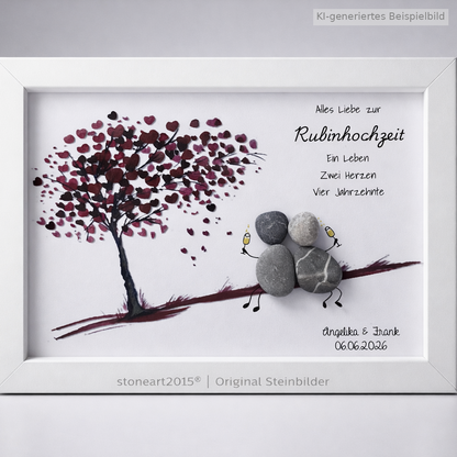 Kieselsteinbild Rubinhochzeit – Geschenk zum 40. Hochzeitstag, handgemachtes Steinbild